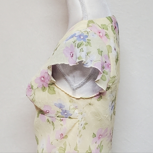 Vintage City Triangles Yellow Pink Floral Ruffle Flutter Sleeve Chiffon Dress M - Picture 10 of 14